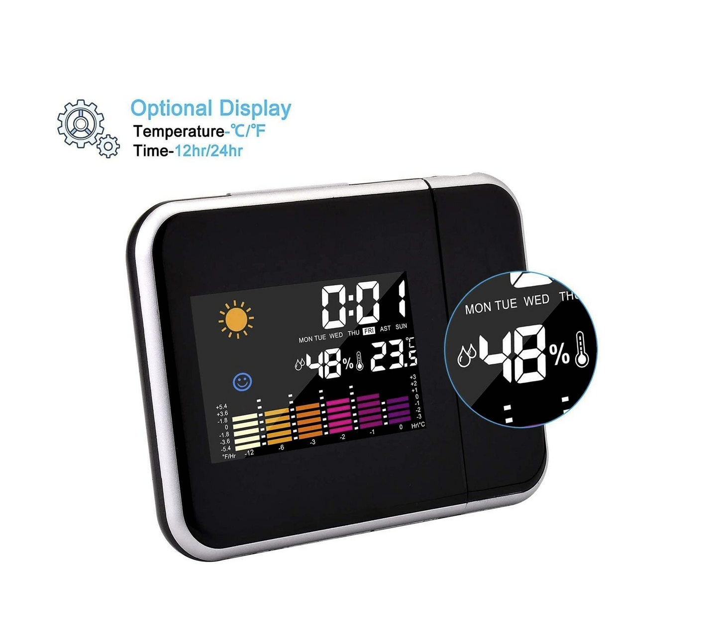 Sveglia Digitale da Comodino con Proiettore Laser Igrometro Orologio Data