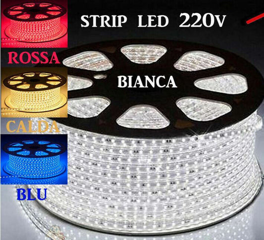 STRISCIA LED FLESSIBILE STRIP LED 5050 INTERNO ESTERNO 220V BOBINA 5 10 E 100 M