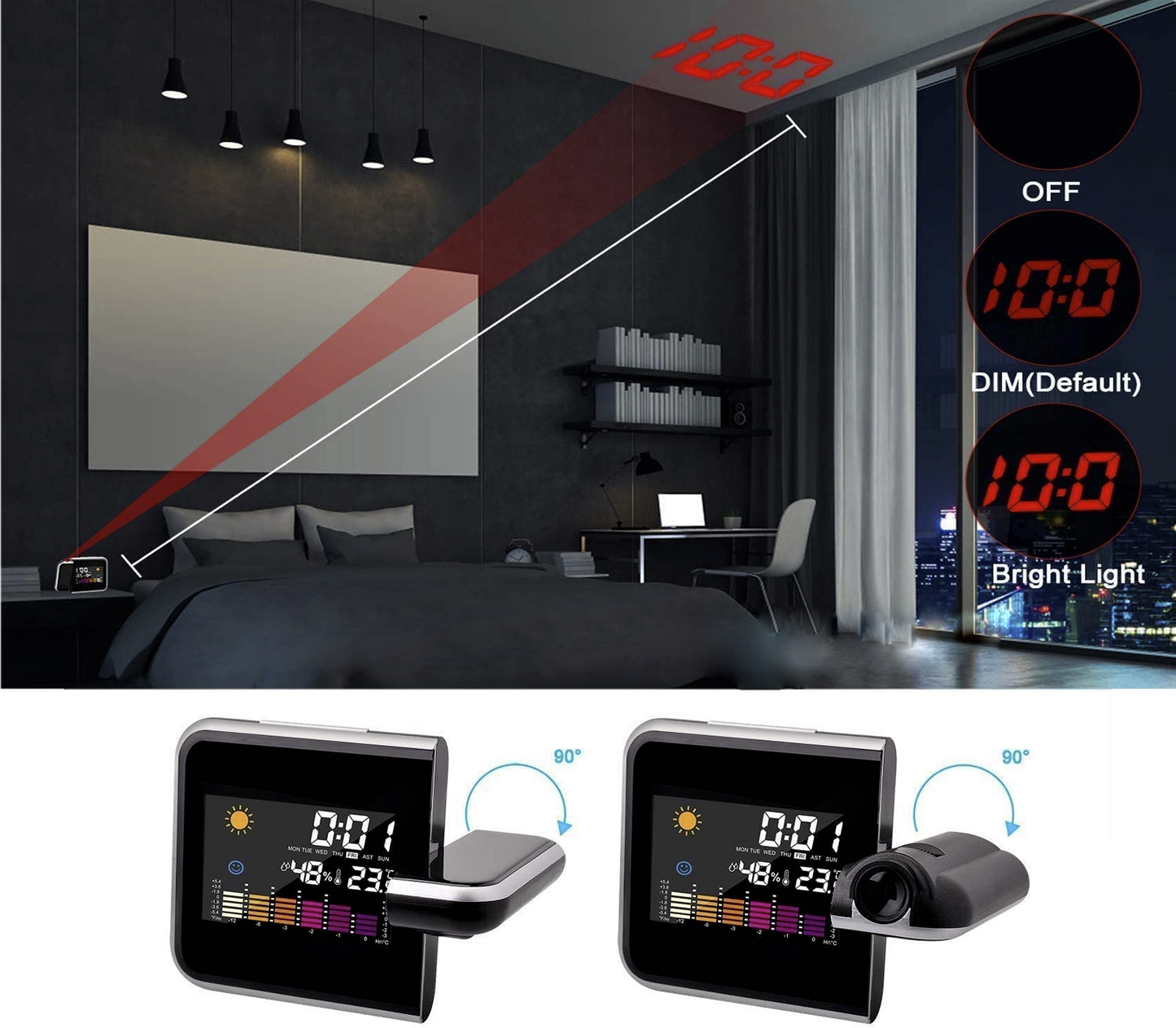 Sveglia Digitale da Comodino con Proiettore Laser Igrometro Orologio Data