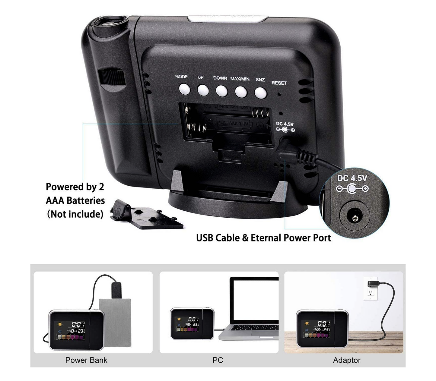 Sveglia Digitale da Comodino con Proiettore Laser Igrometro Orologio Data